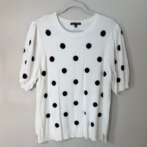 Adrianna Papell White Sweater with Black Polka Dots and Puff Sleeves